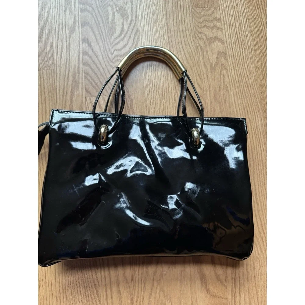 Vintage Black Glossy Purse Gold Bar Handle Y2K Patent Look Handbag‎